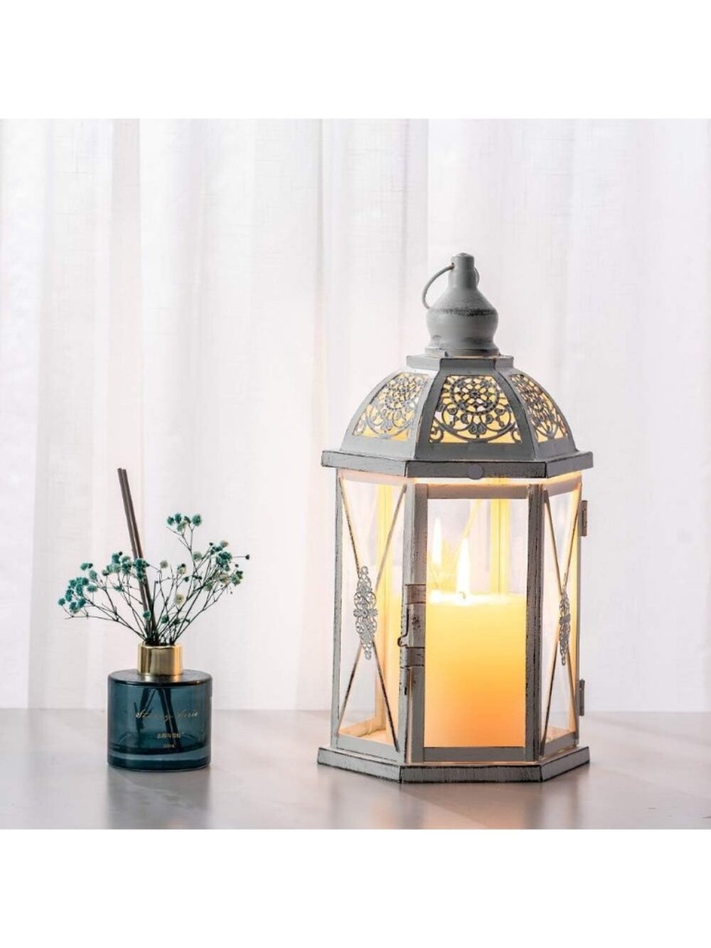 New 14.5 Inch Hexagon Vintage Metal Candle Lantern Indoor Outdoor Home Decor